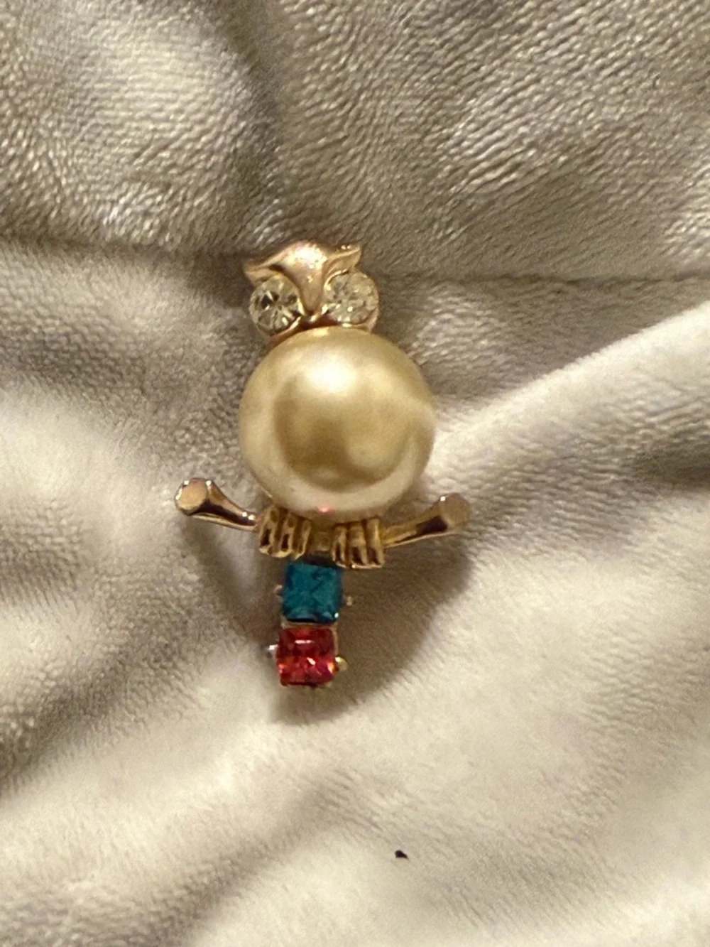 Gold-Tone Owl Brooch with Pearl and Red & Blue Stones